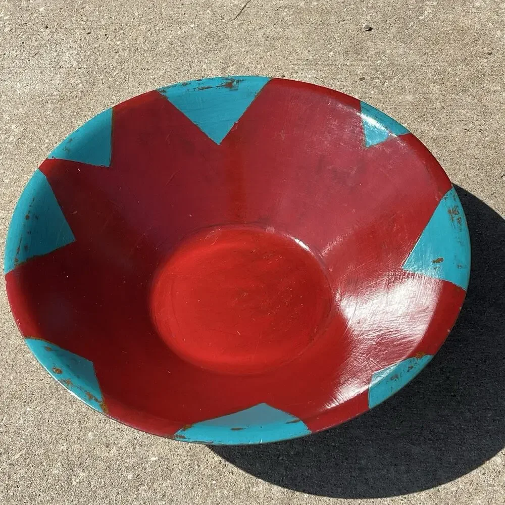 Wooden Bowl Hand Painted Red Turquoise Southwest Decor Art‎ Signed 14 x 4.5